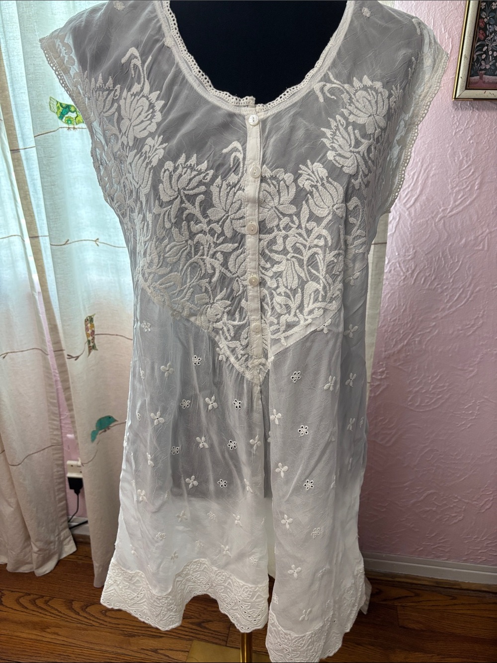 Johnny Was White Embroidered Sheer Button-Front Chemise